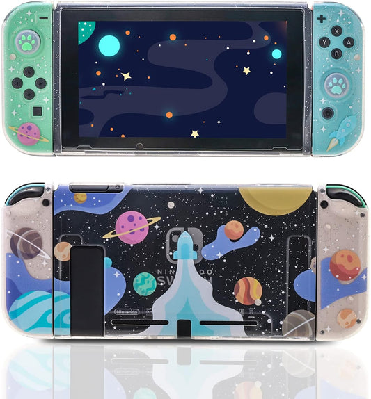 Switch Clear Glitter Case, Switch TPU Case, Switch Protective Case with Animal Crossing Thumb Grips and Tempered Glass Screen Protector - Rocket Theme