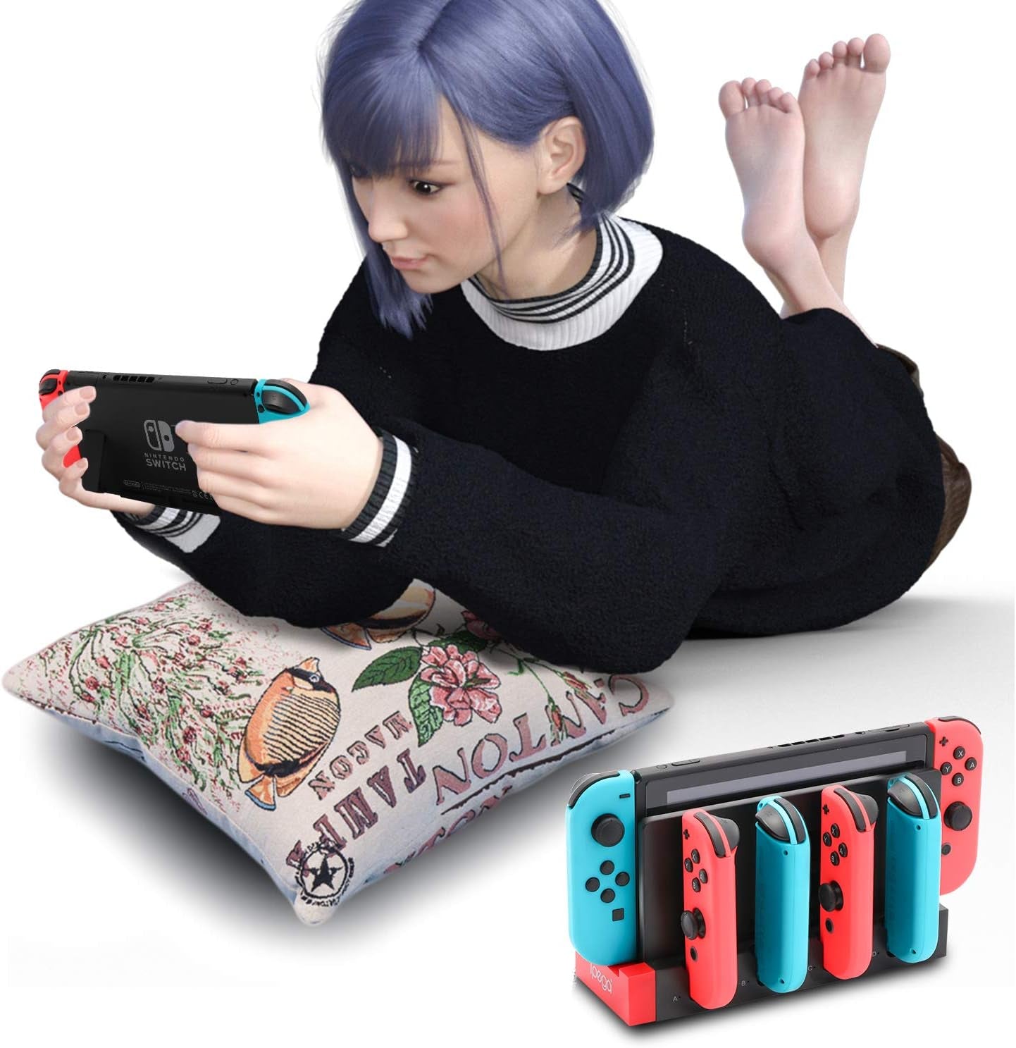 Switch Controller Charger Dock Station, Charger for 4 Joy-Cons with 4 Joy Con Charging Slots, 2 USB 2.0 Plugs and Charging Indicator