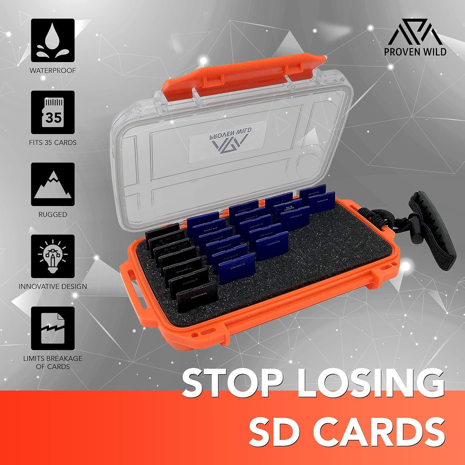 SD Card Holder by  | Durable, Waterproof SD Card Case | SD Card Holder Case Holds 35 SD Cards Upright | Standard Memory Card Holder for DSLR & Trail Camera SD Cards, (Orange)
