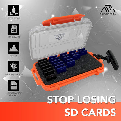 SD Card Holder by  | Durable, Waterproof SD Card Case | SD Card Holder Case Holds 35 SD Cards Upright | Standard Memory Card Holder for DSLR & Trail Camera SD Cards, (Orange)