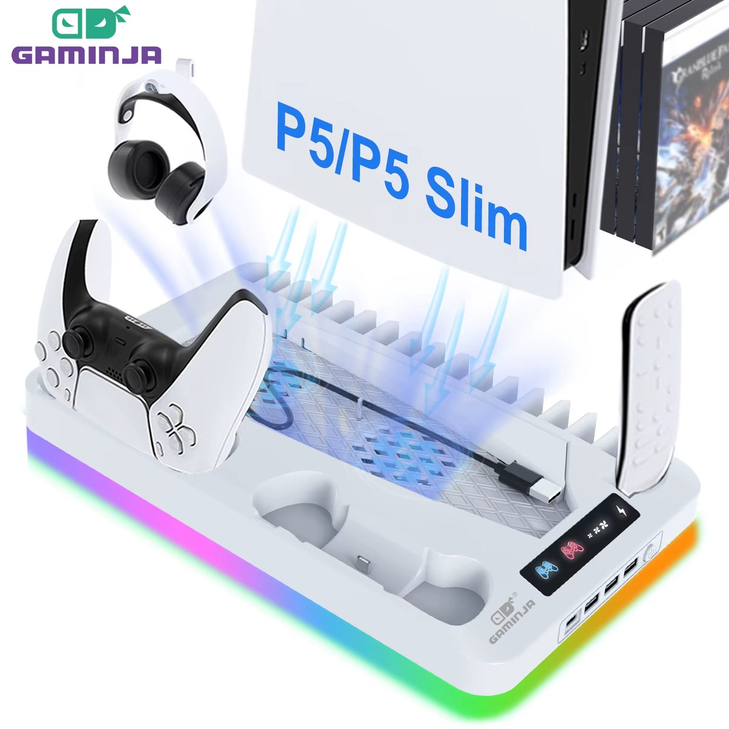 P58 RGB Cooling Stand for PS5 Slim Console Gamepad Charging Base Headset Hook Game CD Storage Rack for PS5 Disc&Digital