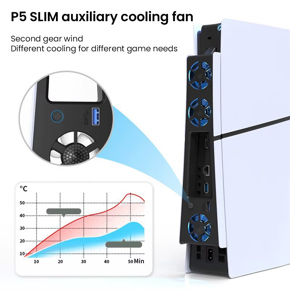 Gaming Cooler Fan Efficient Cooling System with LED Light Noise Reduction 3 Fans Cooling Game Accessories for PS5 Slim Console