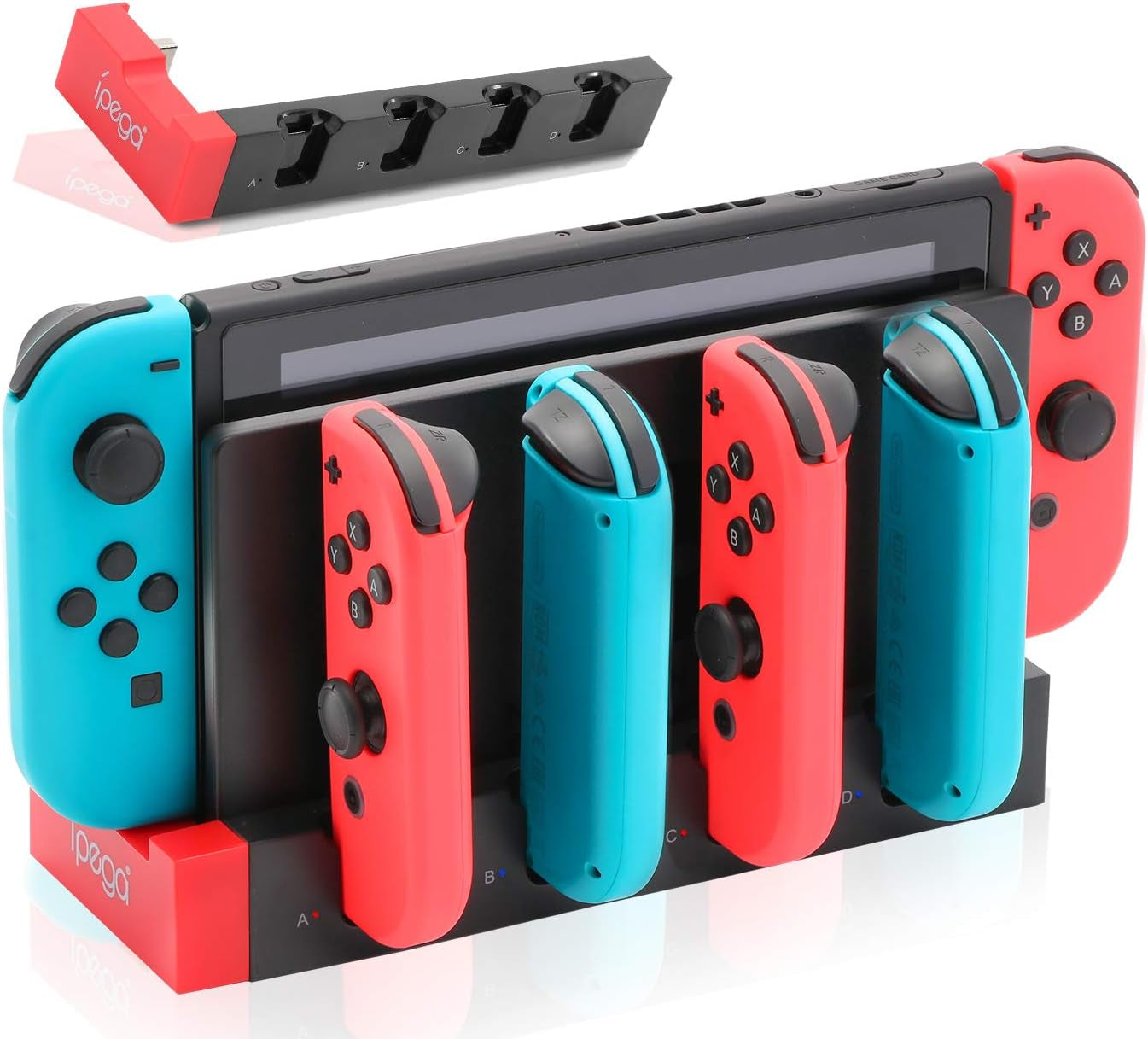 Switch Controller Charger Dock Station, Charger for 4 Joy-Cons with 4 Joy Con Charging Slots, 2 USB 2.0 Plugs and Charging Indicator