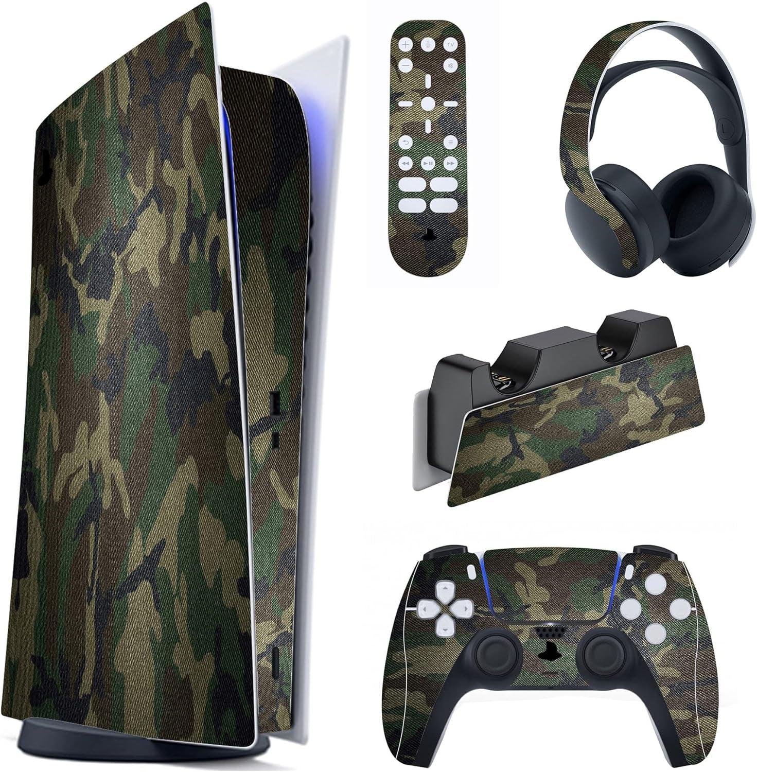 Army Green Camouflage Full Set Skin Decal for Ps5 Console Digital Edition, Sticker Vinyl Decal Cover for Ps5 Controller & Charging Station & Headset & Media Remote