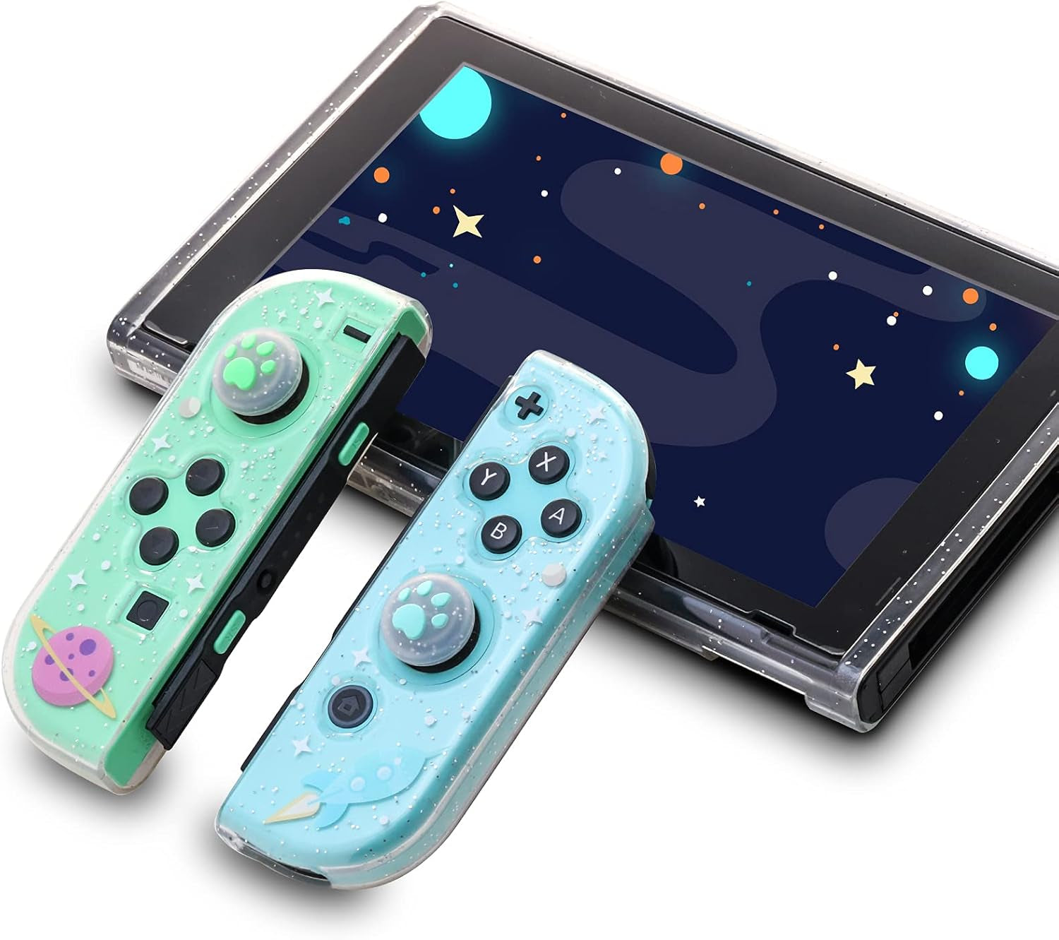 Switch Clear Glitter Case, Switch TPU Case, Switch Protective Case with Animal Crossing Thumb Grips and Tempered Glass Screen Protector - Rocket Theme