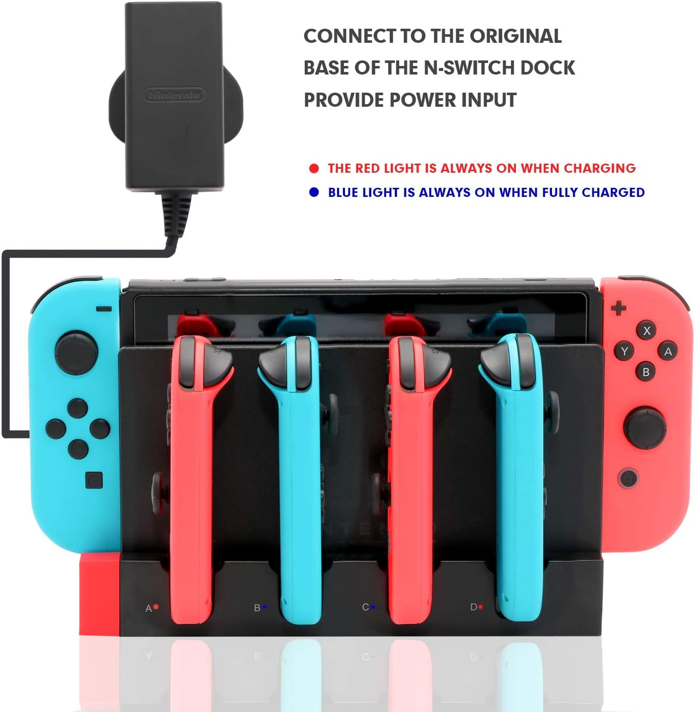 Switch Controller Charger Dock Station, Charger for 4 Joy-Cons with 4 Joy Con Charging Slots, 2 USB 2.0 Plugs and Charging Indicator