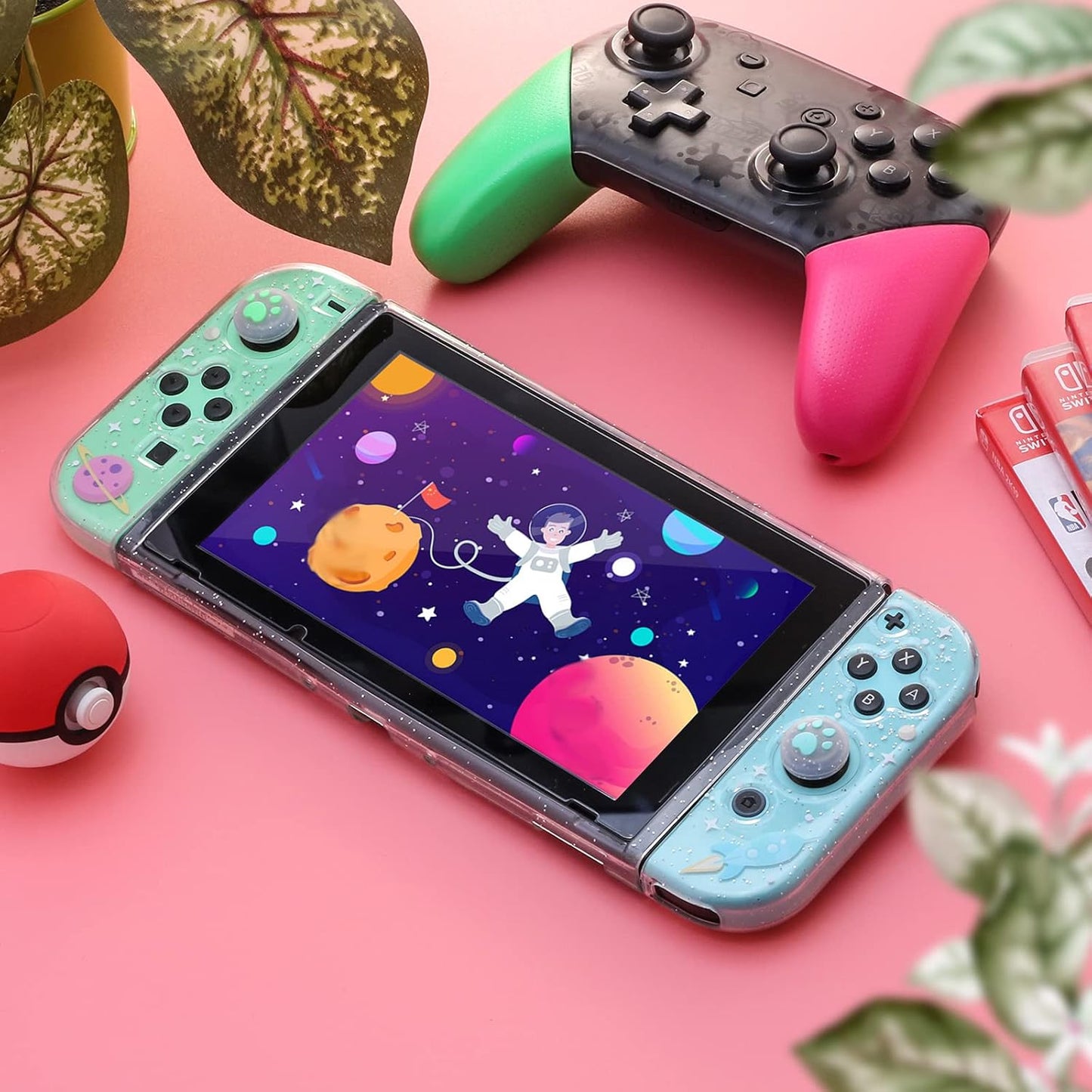 Switch Clear Glitter Case, Switch TPU Case, Switch Protective Case with Animal Crossing Thumb Grips and Tempered Glass Screen Protector - Rocket Theme