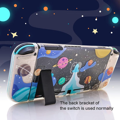 Switch Clear Glitter Case, Switch TPU Case, Switch Protective Case with Animal Crossing Thumb Grips and Tempered Glass Screen Protector - Rocket Theme