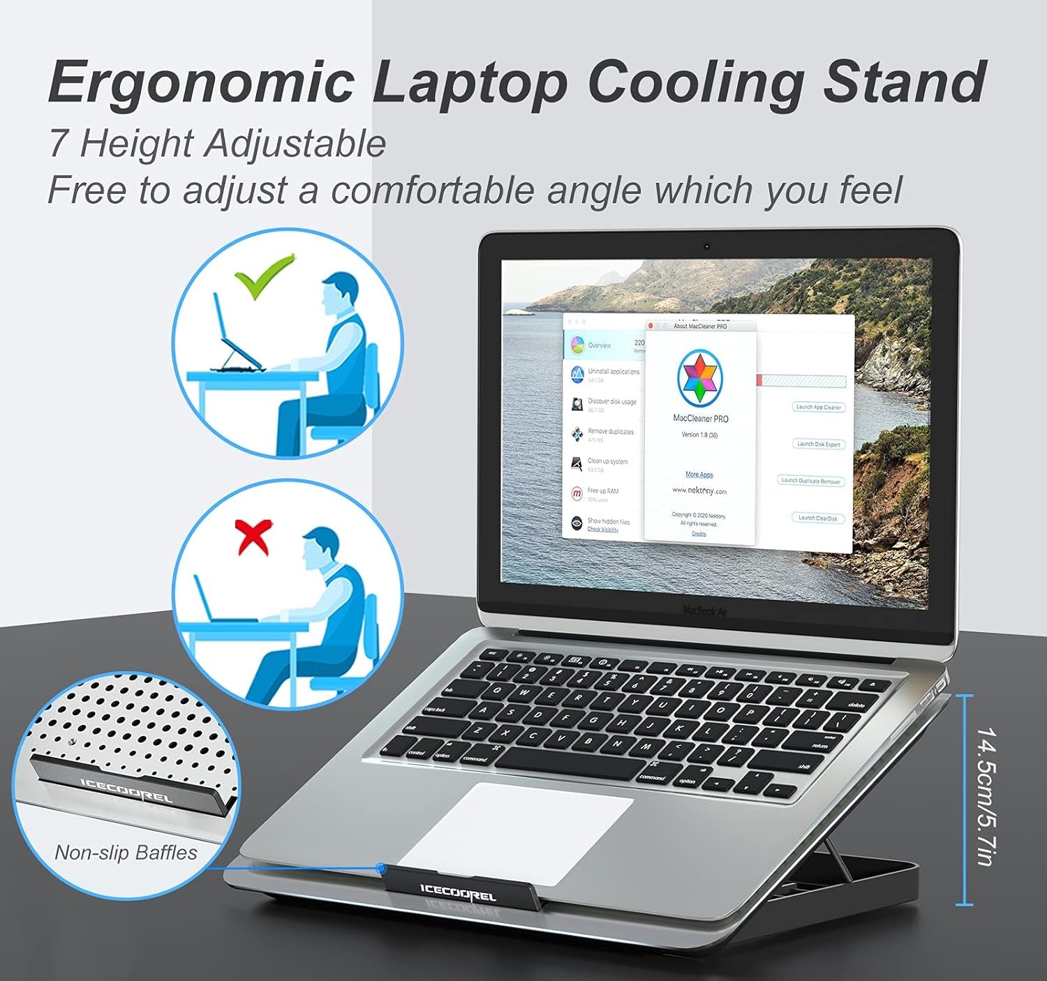Aluminum Laptop Cooling Pad, Laptop Cooler Stand with 7 Height Adjustable, Laptop Fan Cooling Pad for Laptop 12-15.6 Inch, Notebook Cooler Pad with Two USB Port (Silver)