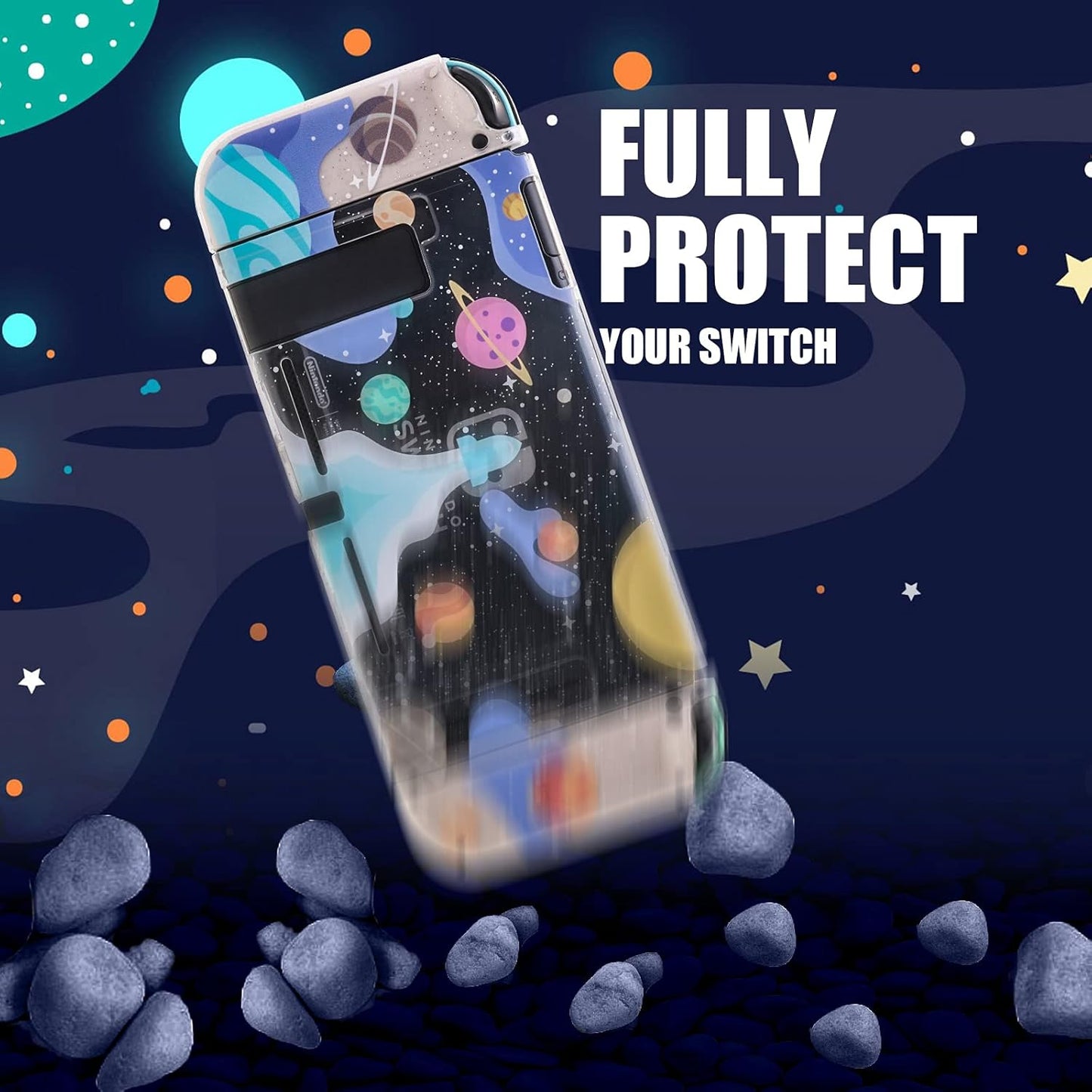 Switch Clear Glitter Case, Switch TPU Case, Switch Protective Case with Animal Crossing Thumb Grips and Tempered Glass Screen Protector - Rocket Theme