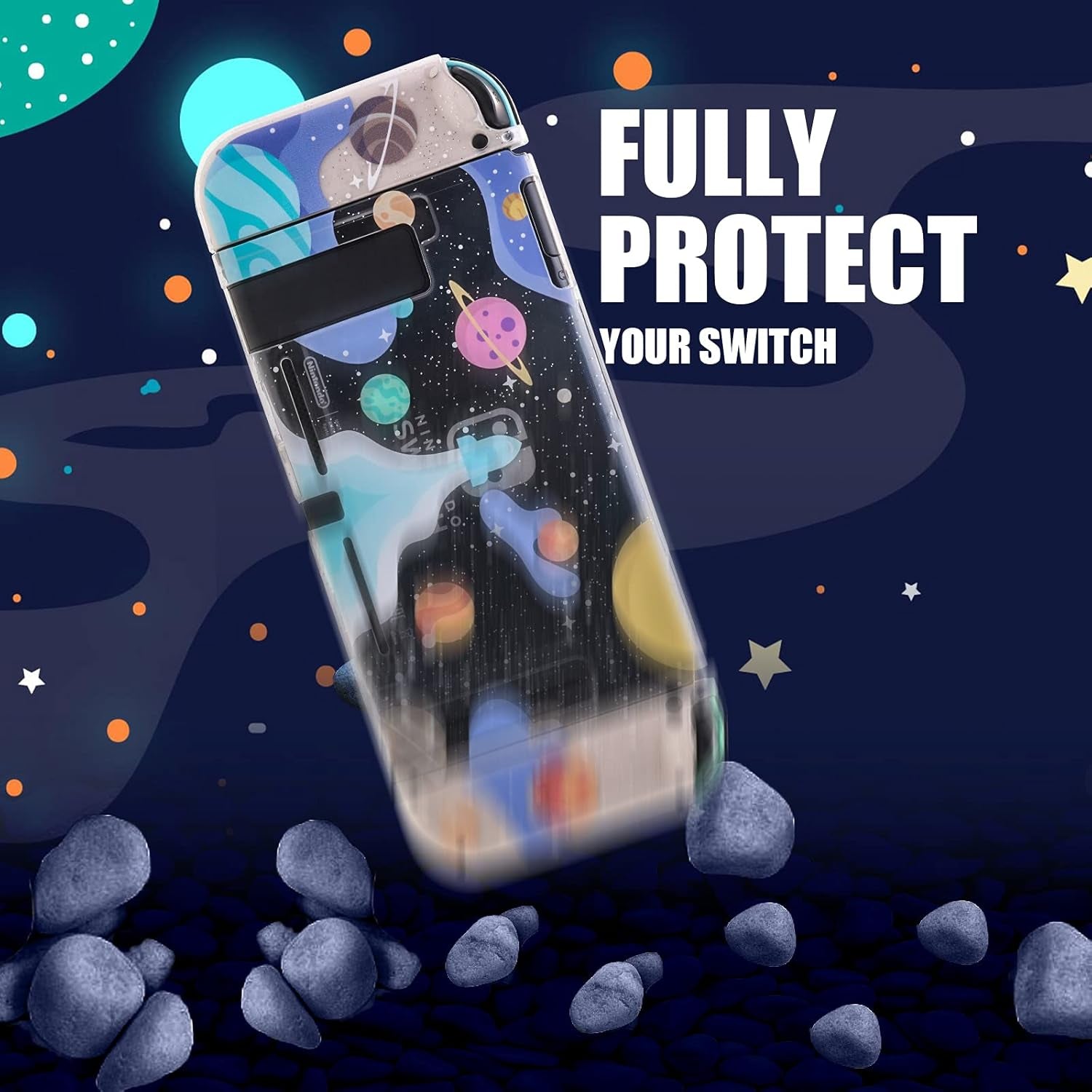 Switch Clear Glitter Case, Switch TPU Case, Switch Protective Case with Animal Crossing Thumb Grips and Tempered Glass Screen Protector - Rocket Theme