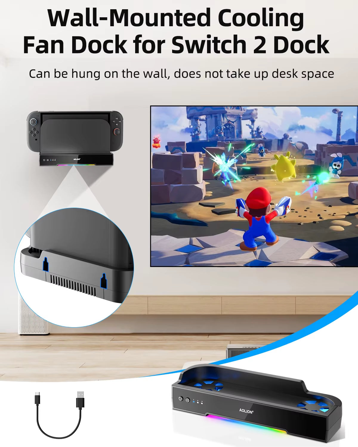 for Switch 2 Dock RGB Cooling Fan Portable HUB Expansion Base Wall Mount with NGC for Switch 2 Accessories