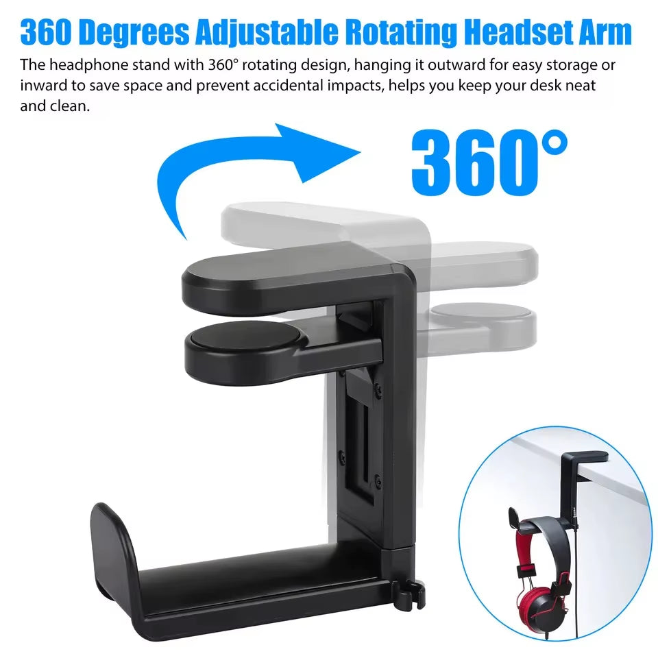 Universal 360° Rotating Headphone Stand Desktop Headset Holder PC Gaming Wall Mount Desk Hanger Hook for Earphone Controller