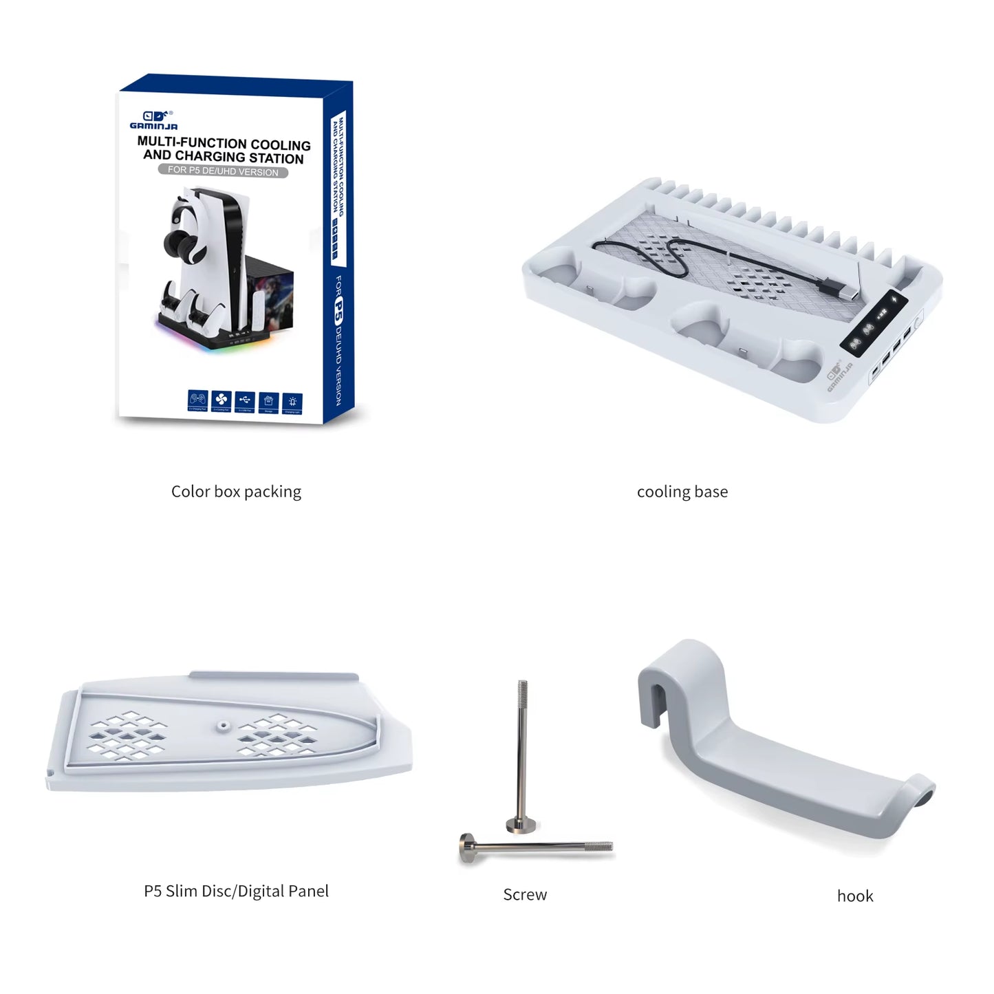 P58 RGB Cooling Stand for PS5 Slim Console Gamepad Charging Base Headset Hook Game CD Storage Rack for PS5 Disc&Digital
