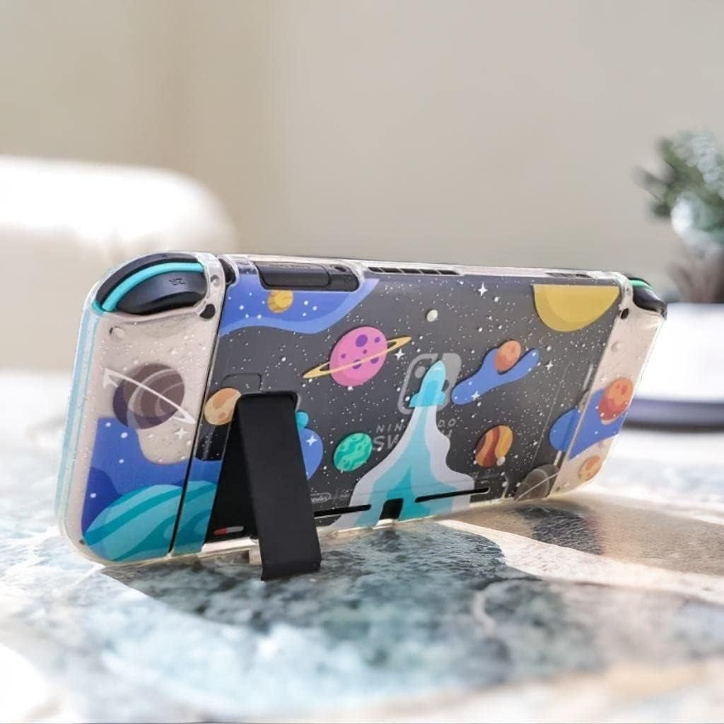 Switch Clear Glitter Case, Switch TPU Case, Switch Protective Case with Animal Crossing Thumb Grips and Tempered Glass Screen Protector - Rocket Theme