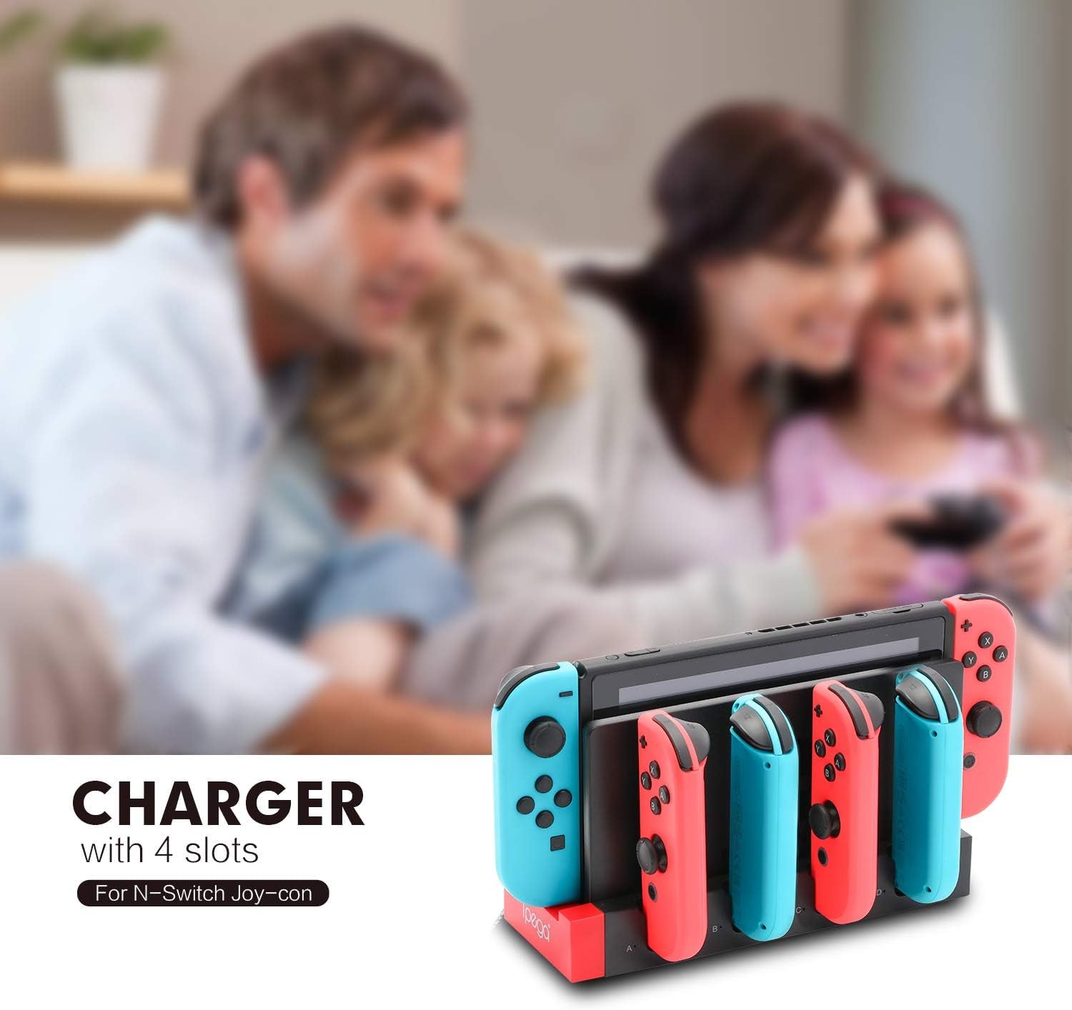 Switch Controller Charger Dock Station, Charger for 4 Joy-Cons with 4 Joy Con Charging Slots, 2 USB 2.0 Plugs and Charging Indicator