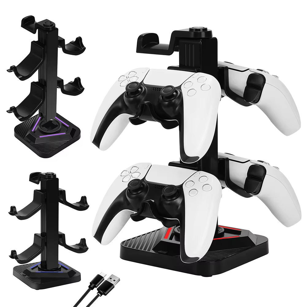 RGB Game Controller Holder 8 Lighting Effects Gaming Headphones Stand with 3 USB Ports Gamepad Display Rack for Switch PS5 Xbox