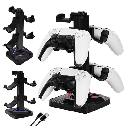 RGB Game Controller Holder 8 Lighting Effects Gaming Headphones Stand with 3 USB Ports Gamepad Display Rack for Switch PS5 Xbox